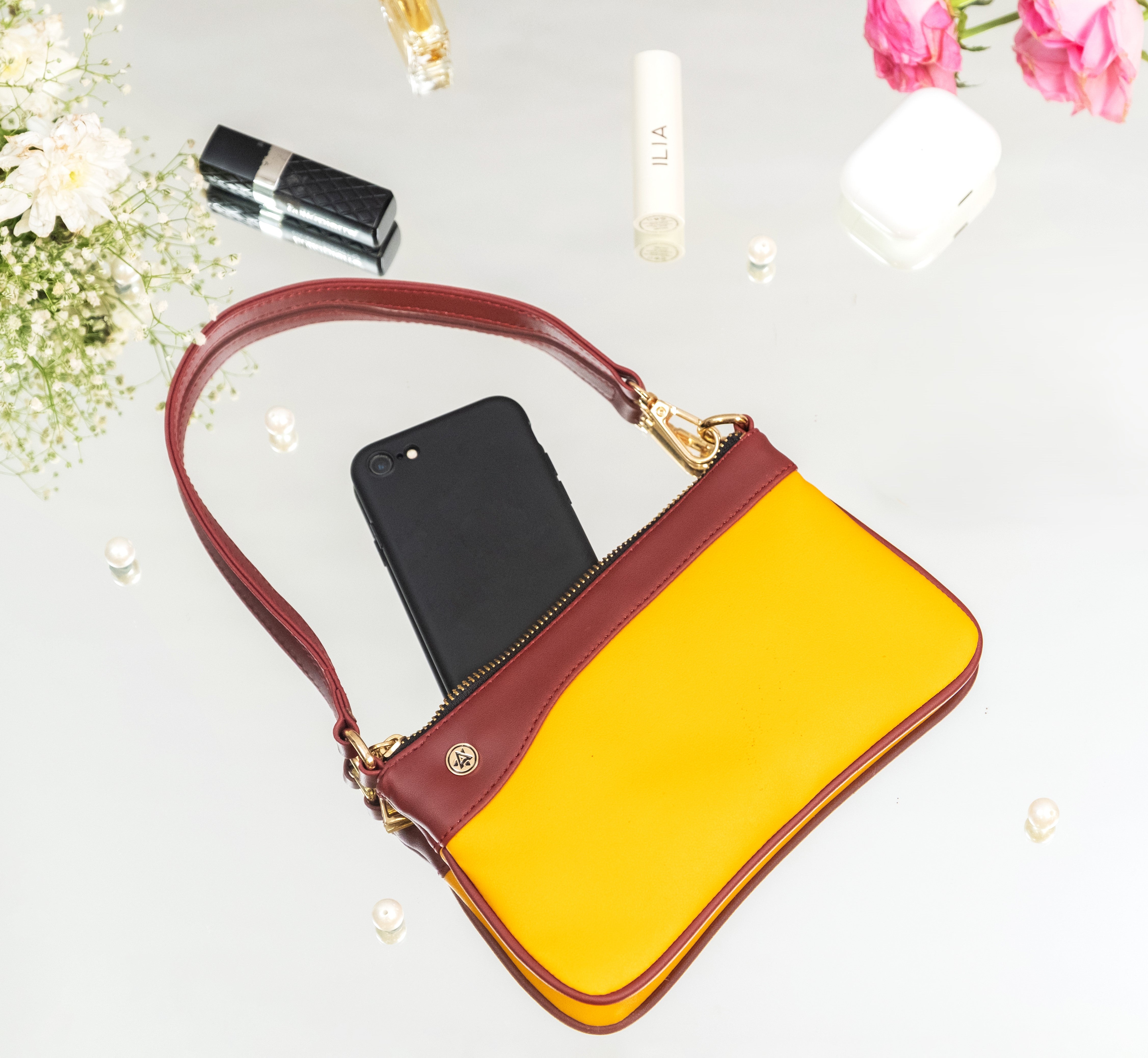 Vegan Leather Wristlet - Yellow And Wine