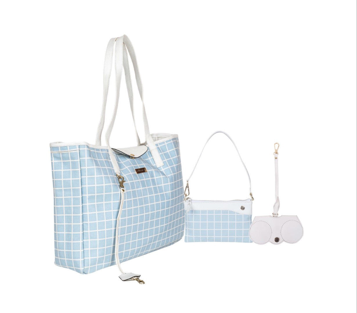 Reversible Tote bag & Printed Sling Bag-Wristlet Wallet-Eyeglass Case Check,White(Combo))