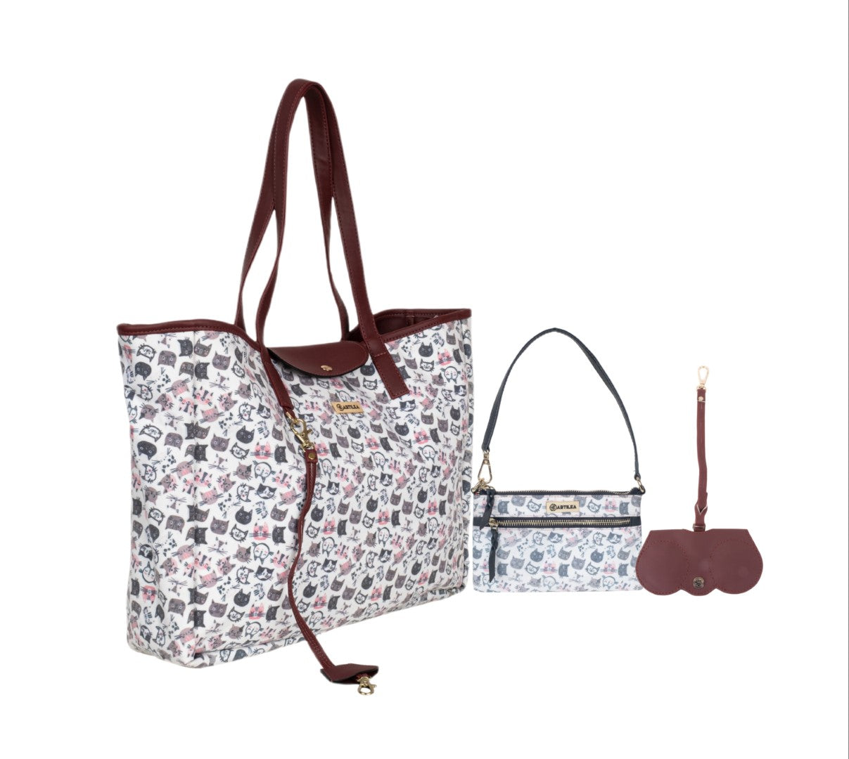 Reversible Tote Bag & Wristlet Wallet-Eyeglass Case Cat,Wine(Combo)