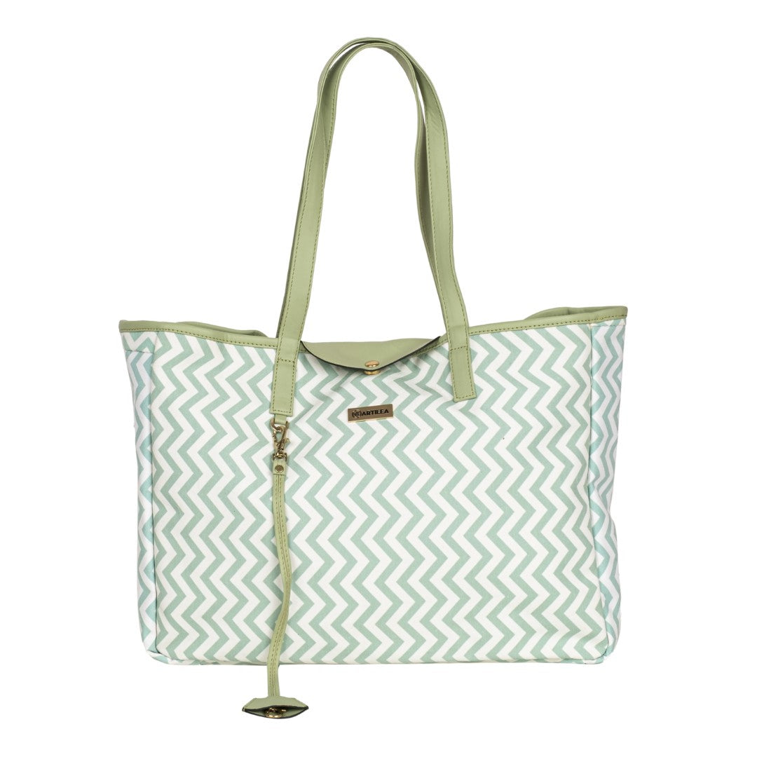 Reversible Tote bag & Printed Sling Bag-Wristlet Wallet-Eyeglass Case Shevron, Green(Combo)