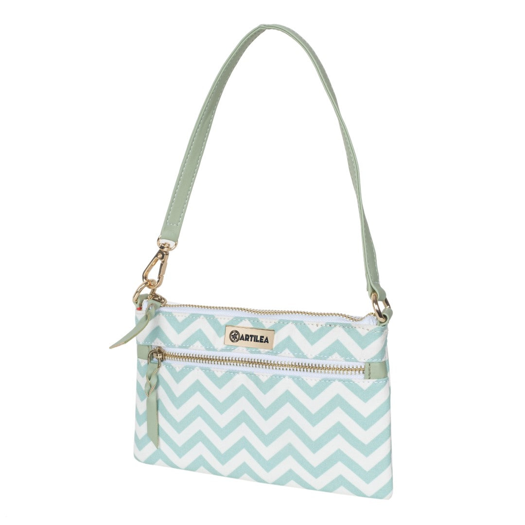 Reversible Tote bag & Printed Sling Bag-Wristlet Wallet-Eyeglass Case Shevron, Green(Combo)