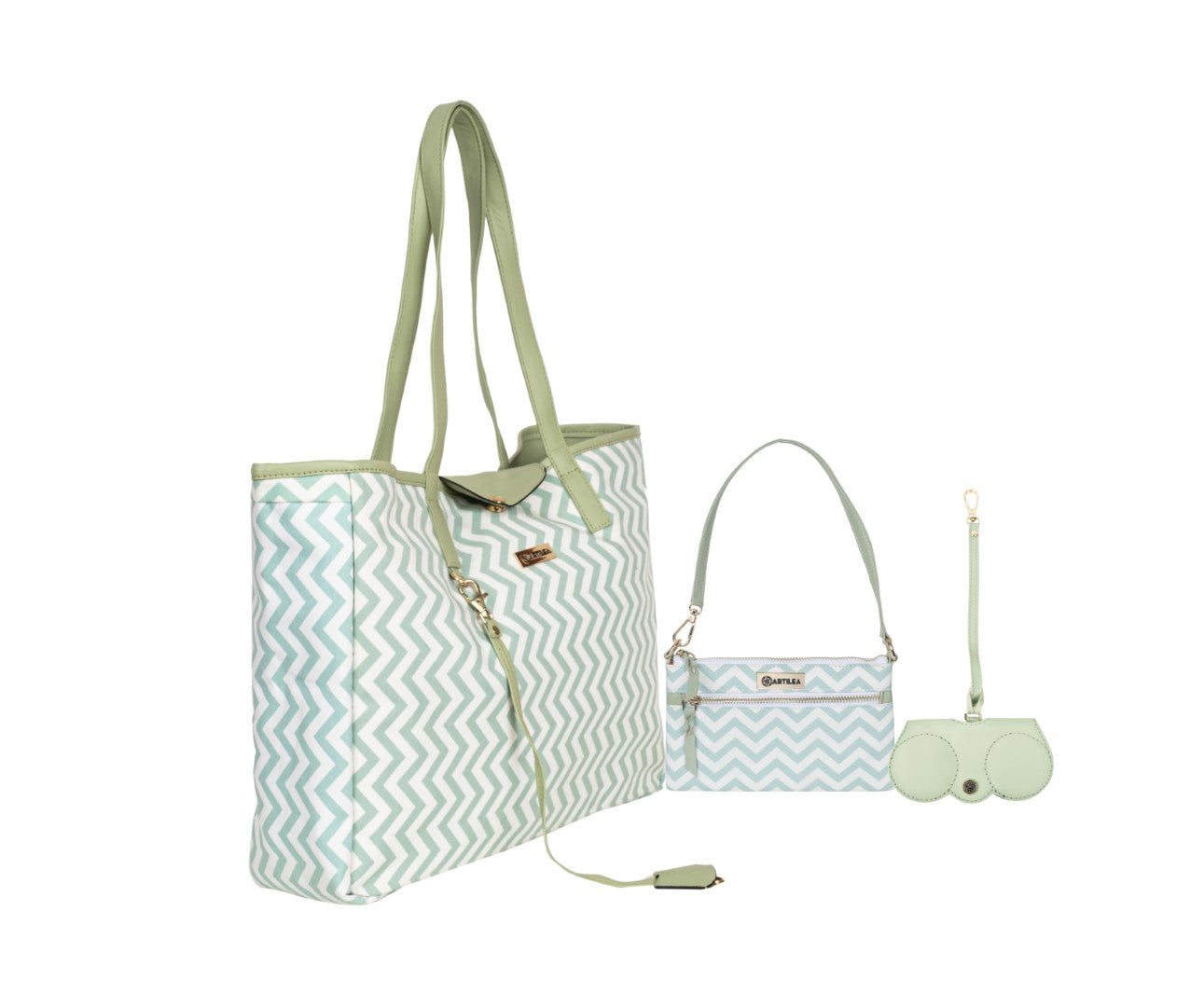 Reversible Tote bag - Wristlet Wallet-Eyeglass Case Shevron, Mint Green(Combo)