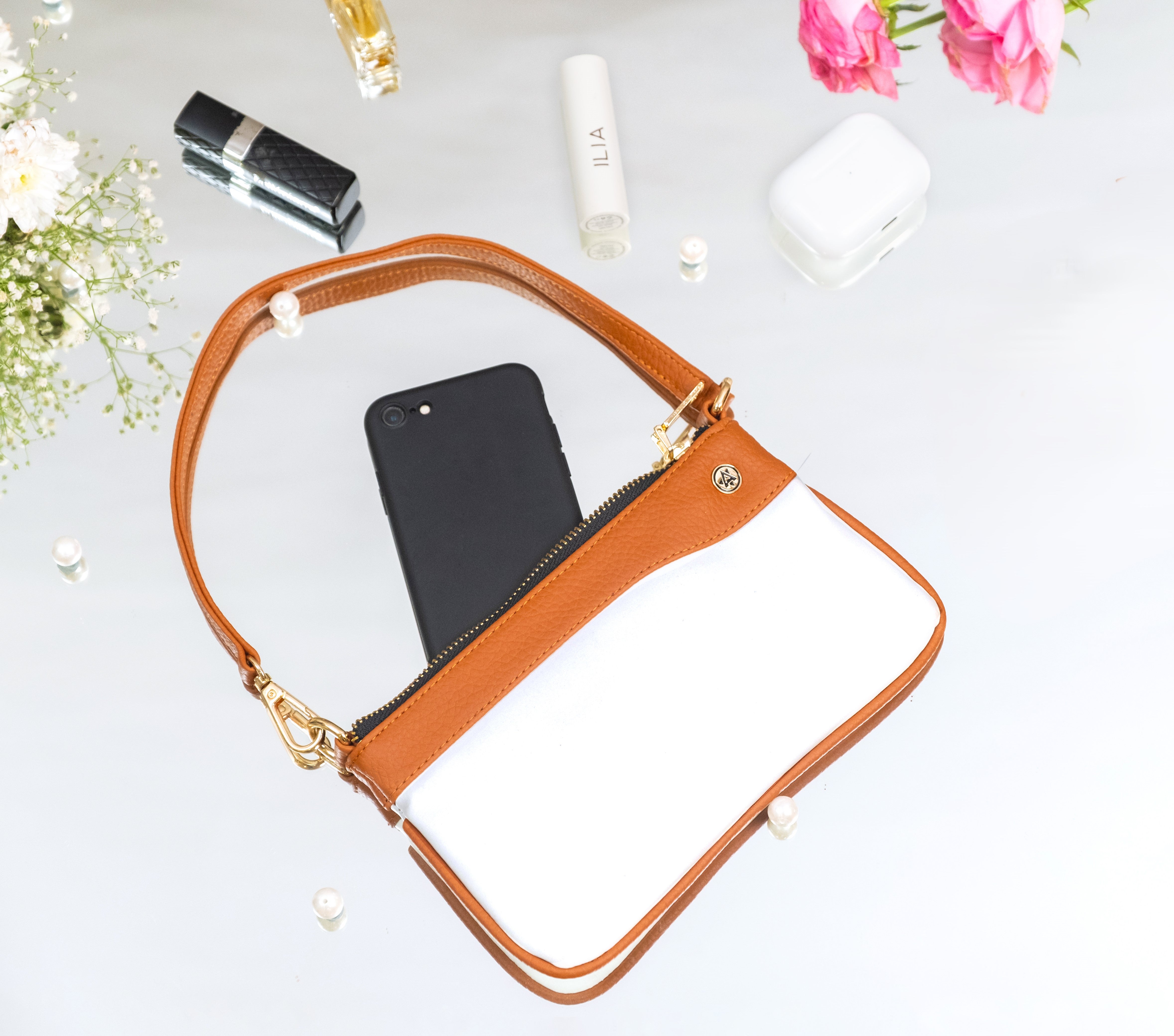 Vegan Leather Wristlet - White And Tan