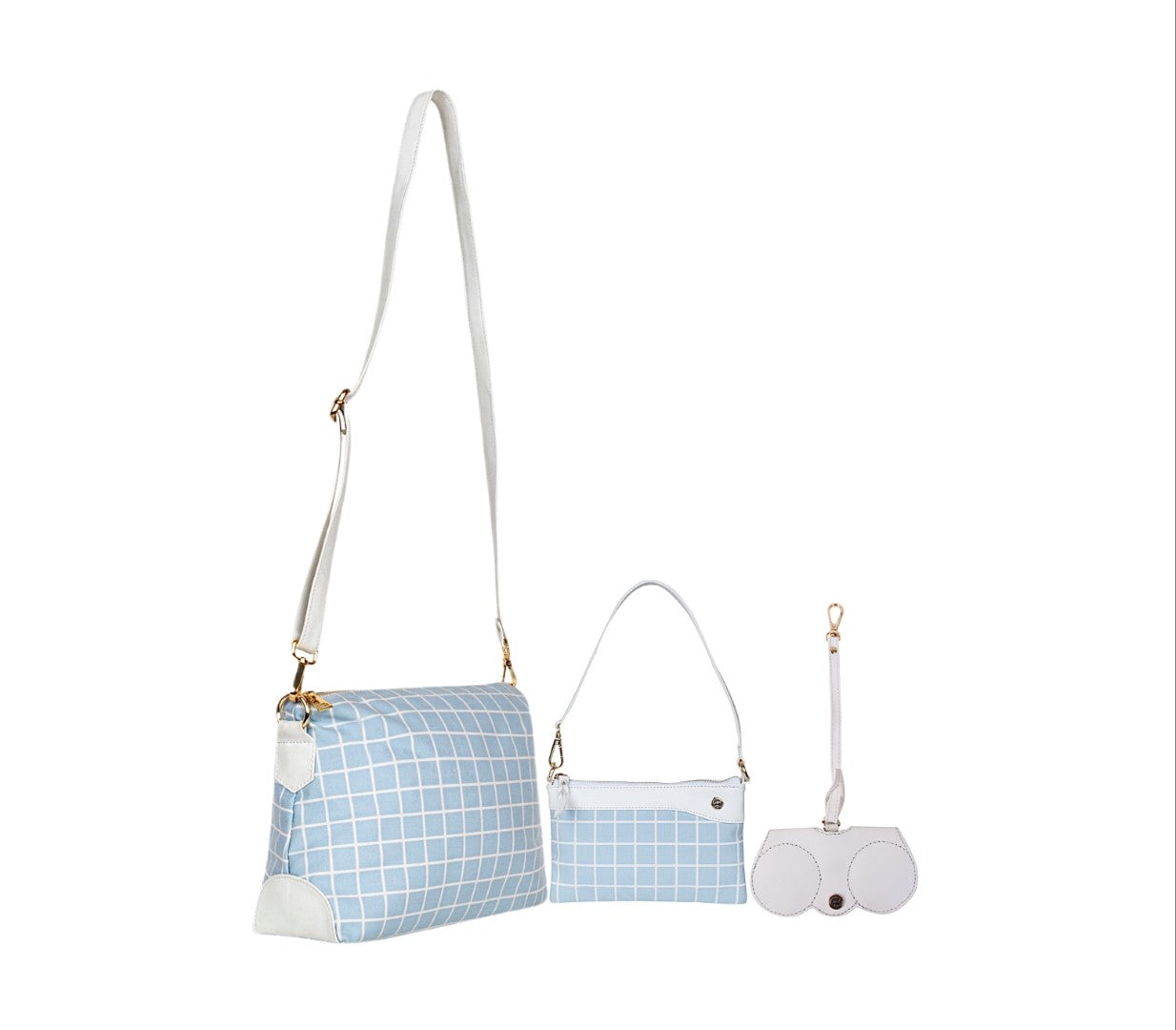 Printed Sling Bag & Wristlet Wallet - Eyeglass Case Check, Blue (Combo)