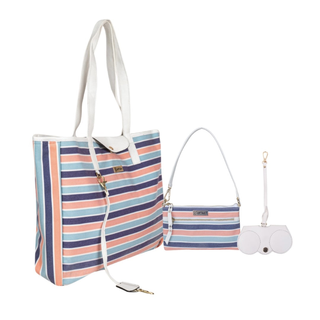 Reversible Tote bag & Printed Sling Bag-Wristlet Wallet-Eyeglass Case Stripe (Combo)