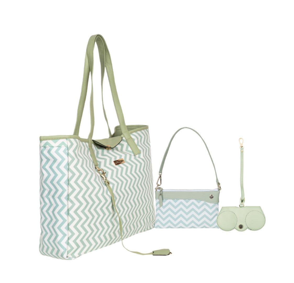 Reversible Tote bag - Wristlet Wallet-Eyeglass Case Shevron, Mint Green(Combo)