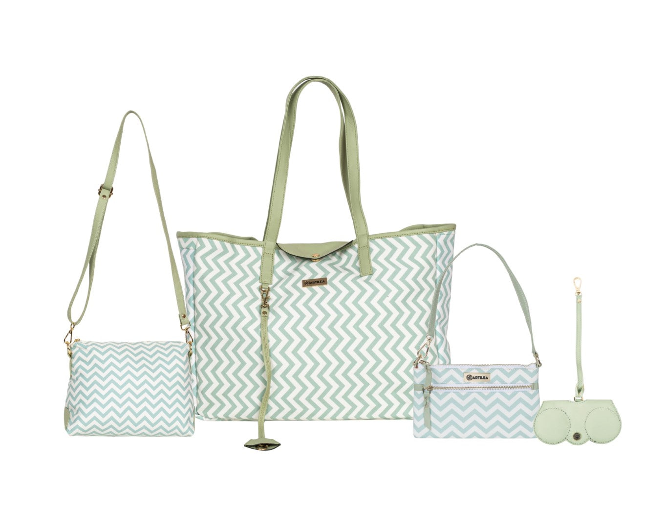 Reversible Tote bag & Printed Sling Bag-Wristlet Wallet-Eyeglass Case Shevron, Green(Combo)