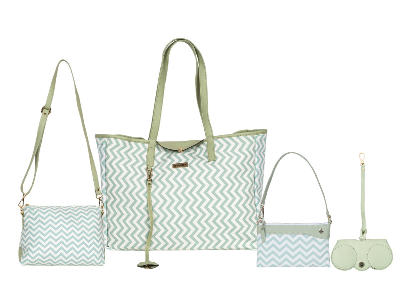 Reversible Tote bag & Printed Sling Bag-Wristlet Wallet-Eyeglass Case Shevron, Green(Combo)