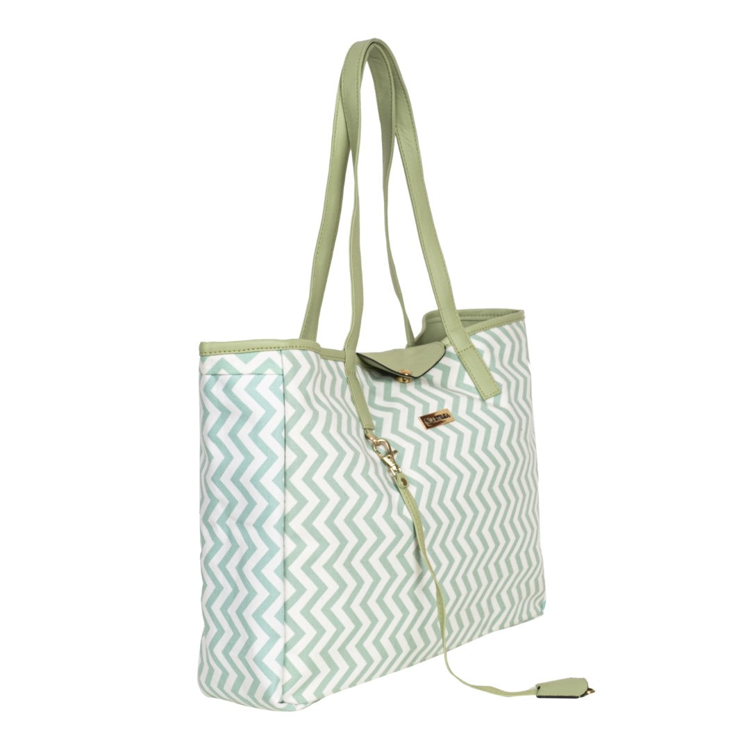Reversible Tote bag & Printed Sling Bag-Wristlet Wallet-Eyeglass Case Shevron, Green(Combo)