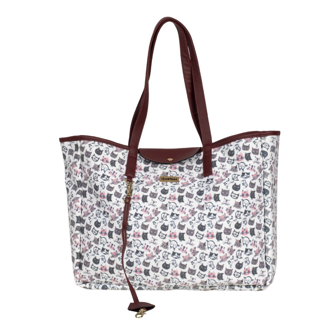 Reversible Tote Bag & Wristlet Wallet-Eyeglass Case Cat,Wine(Combo)