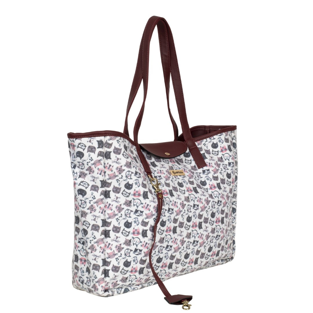 Reversible Tote Bag & Wristlet Wallet-Eyeglass Case Cat,Wine(Combo)