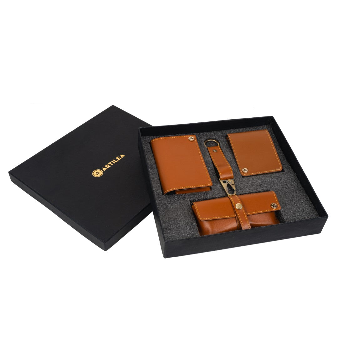 Personalised Gift Set for Men : Includes Wallet, Passport Cover, Sunglass Case, Keychain(All products avialable in box)