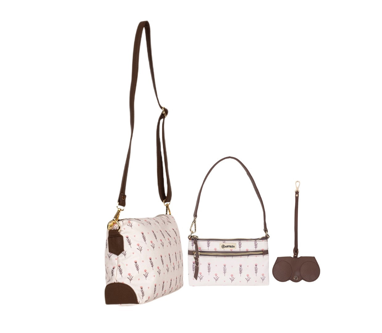 Printed Sling Bag & Wristlet Wallet-Eyeglass Case Flower,Brown(Combo)