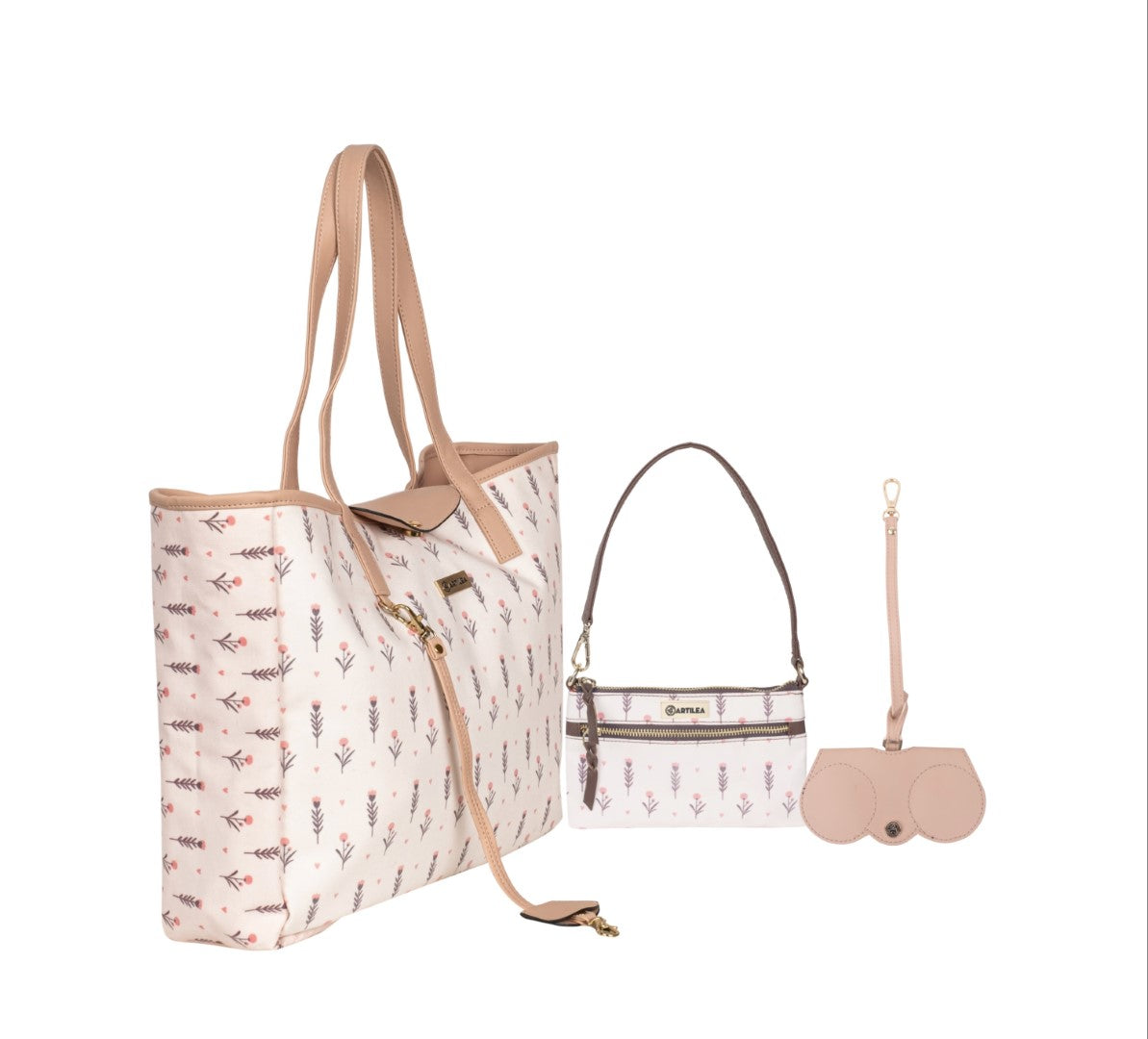 Reversible Tote Bag & Wristlet Wallet-Eyeglass Case Light Pink, Flower (Combo)