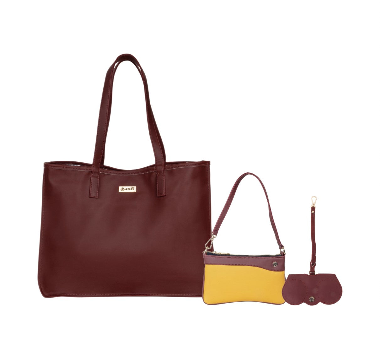 Reversible Tote Bag & Wristlet Wallet- Eyeglass Case Wine& Yellow (Combo)