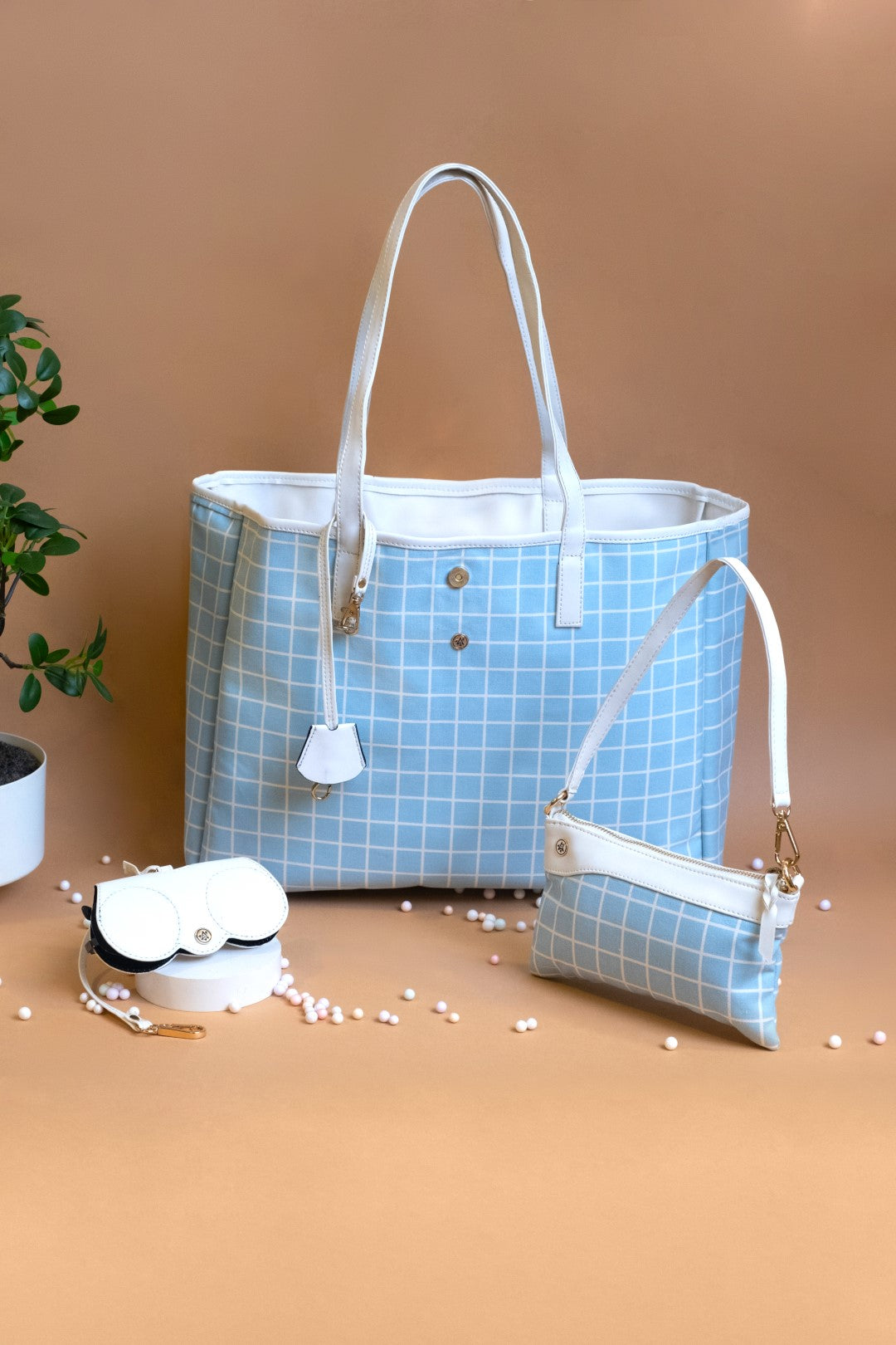 Reversible Tote bag & Printed Sling Bag-Wristlet Wallet-Eyeglass Case Check,White(Combo))