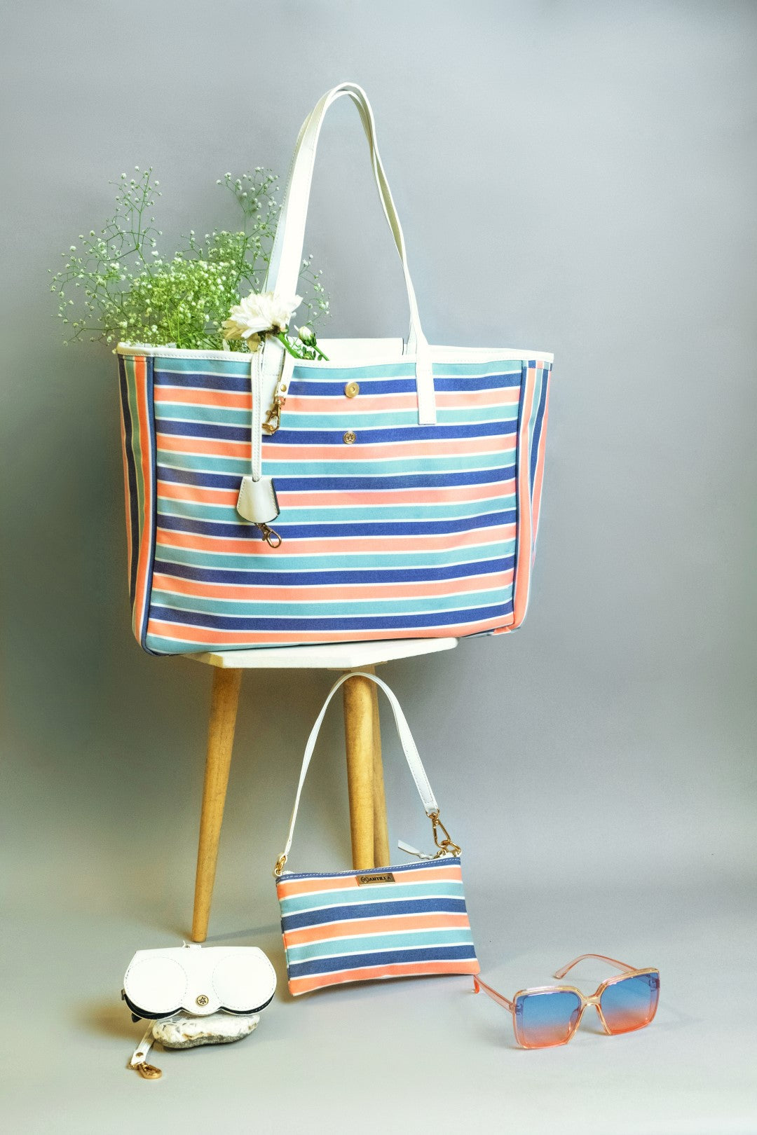 Reversible Tote bag & Printed Sling Bag-Wristlet Wallet-Eyeglass Case Stripe (Combo)
