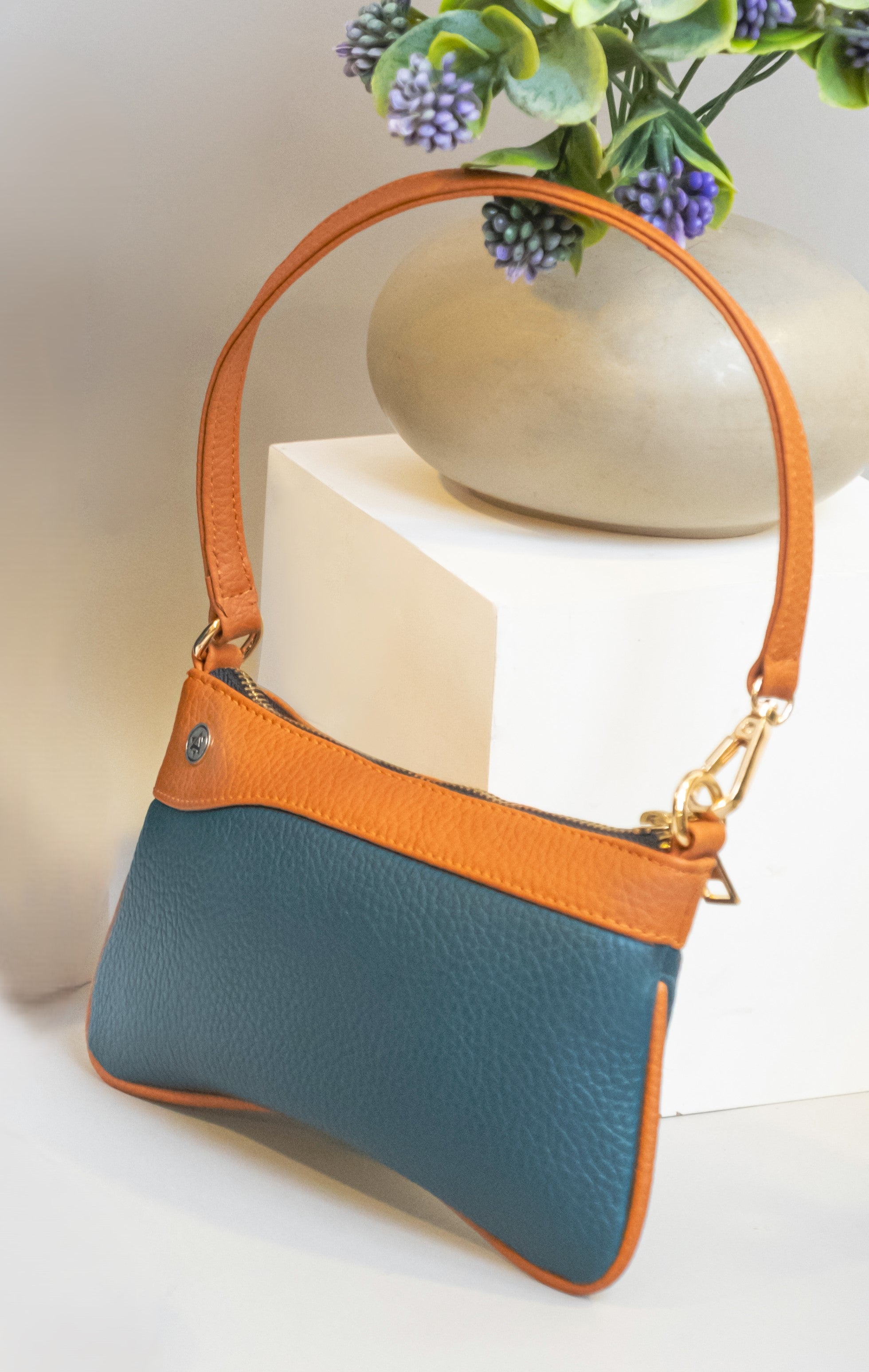 Vegan Leather Wristlet - Peacock Green And Tan