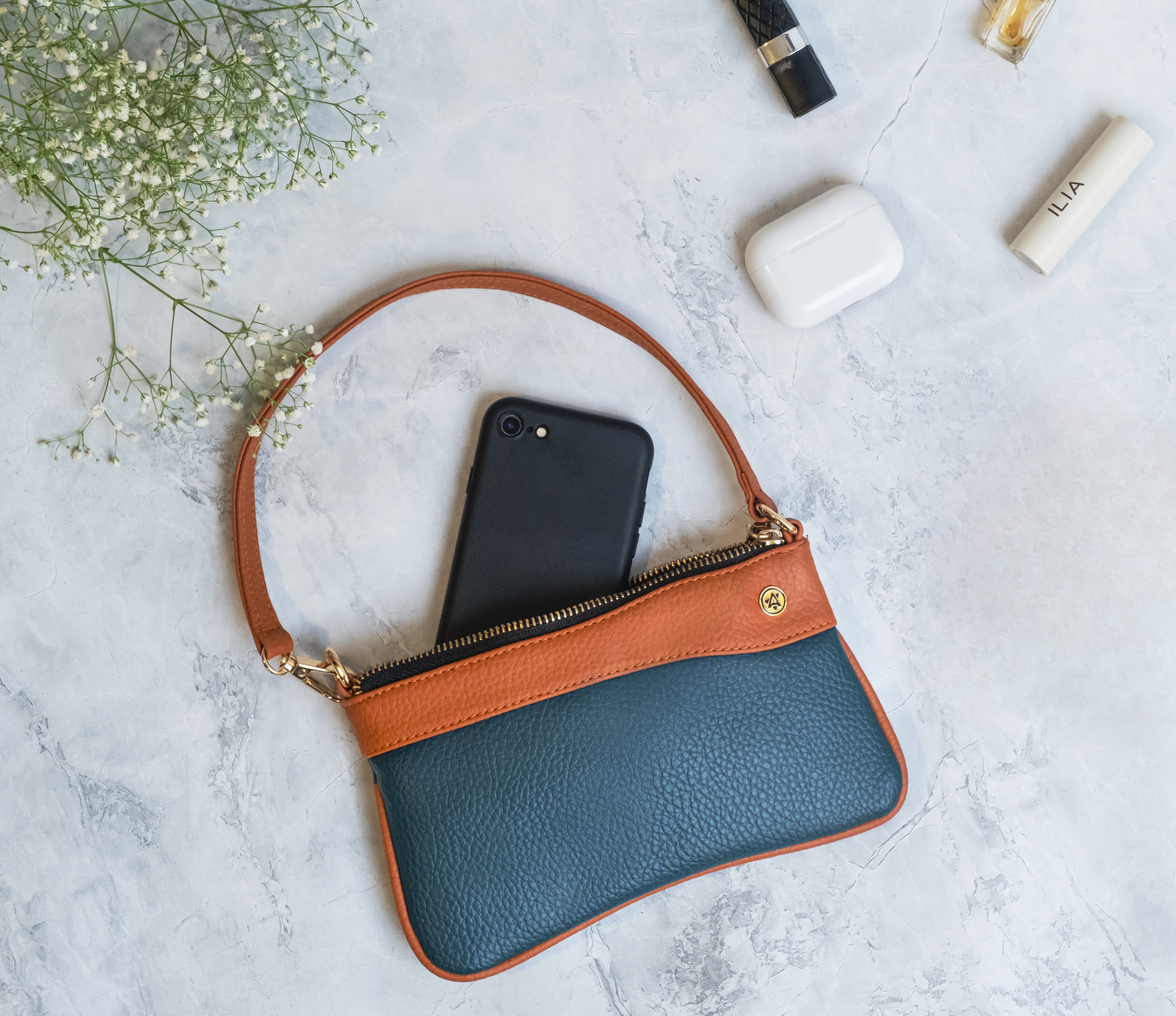 Vegan Leather Wristlet - Peacock Green And Tan