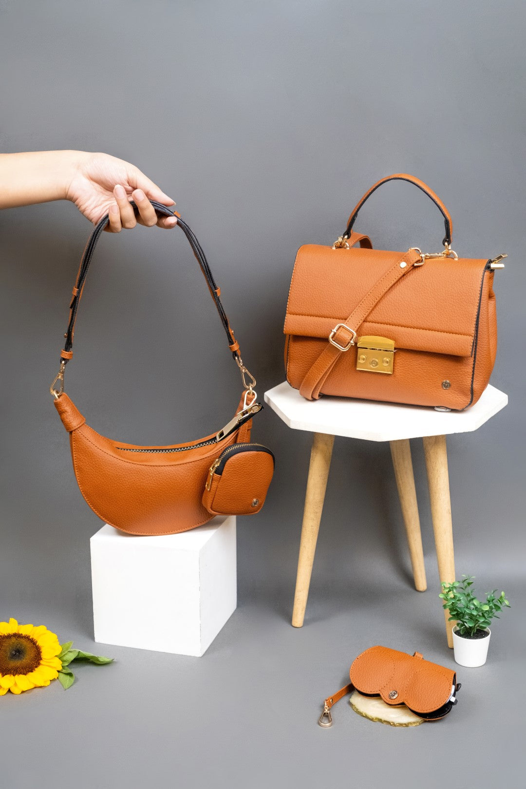 Hand Bag + Sling & Crecent Moon Bag-Eyeglass Case Tan(Combo)