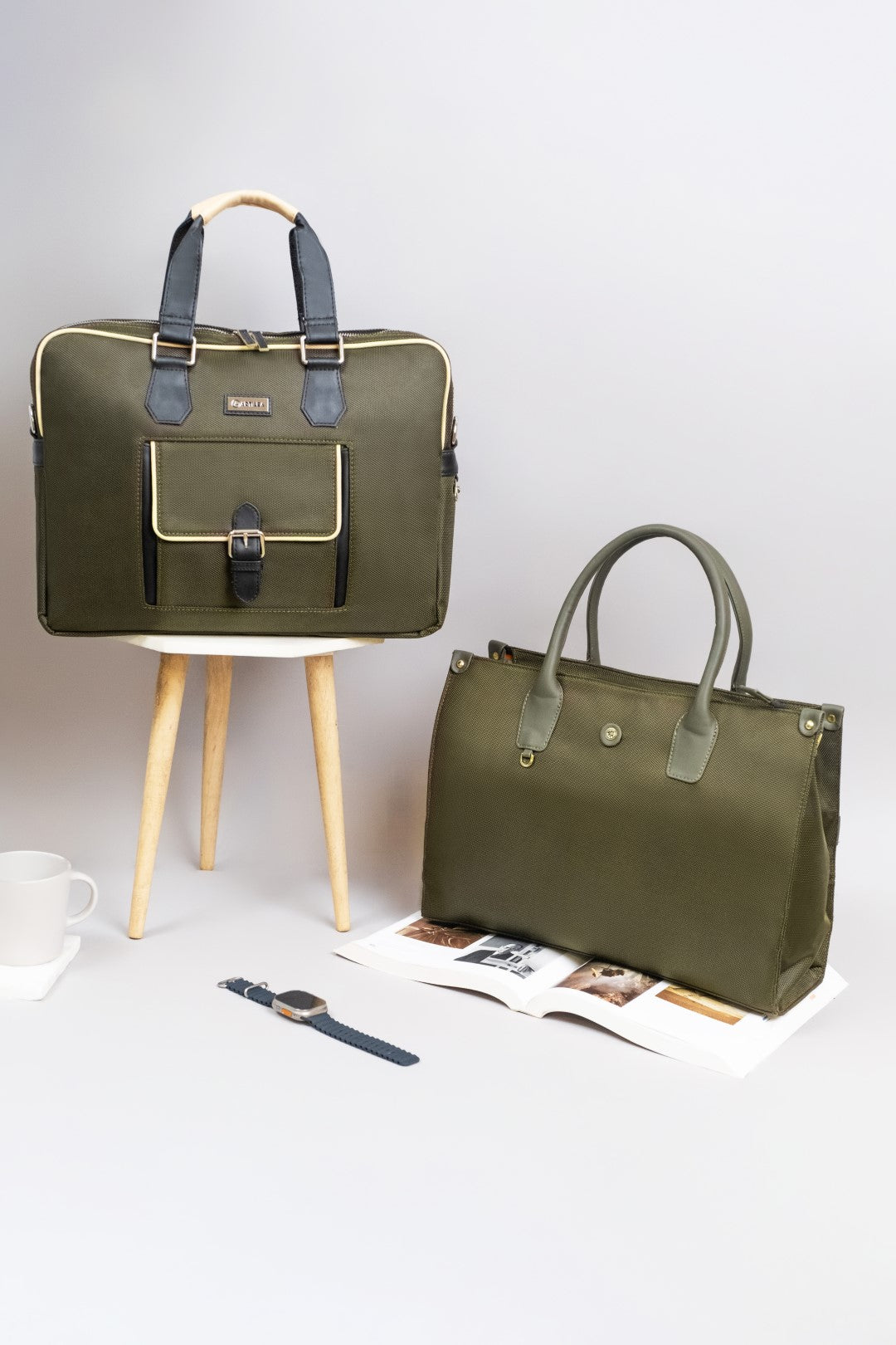 Laptop Bag & Matty & Pu Tote Bag-Olive Green (Combo)