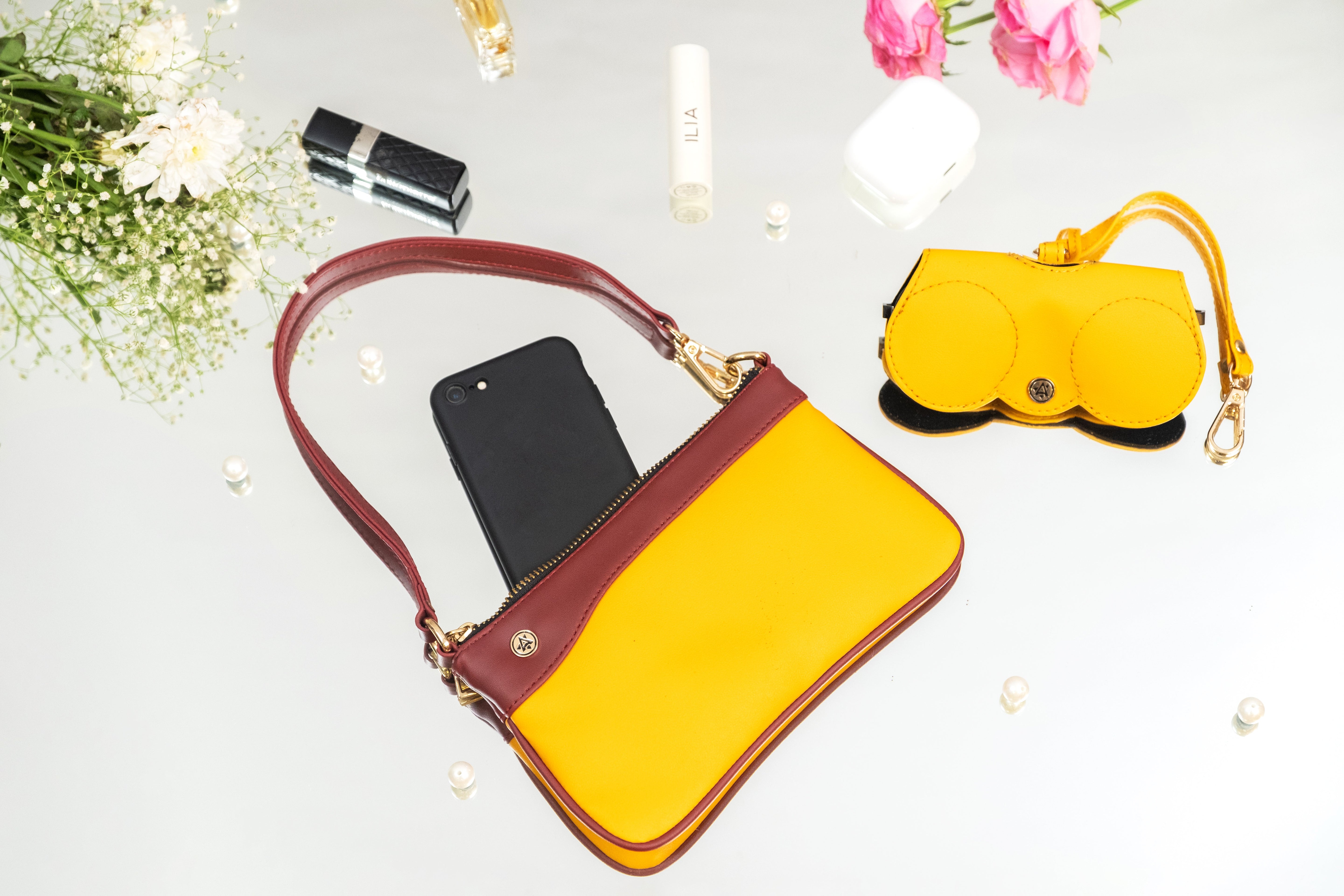 Wristlet Wallet & Eyeglass Case Yellow, Wine(Combo)
