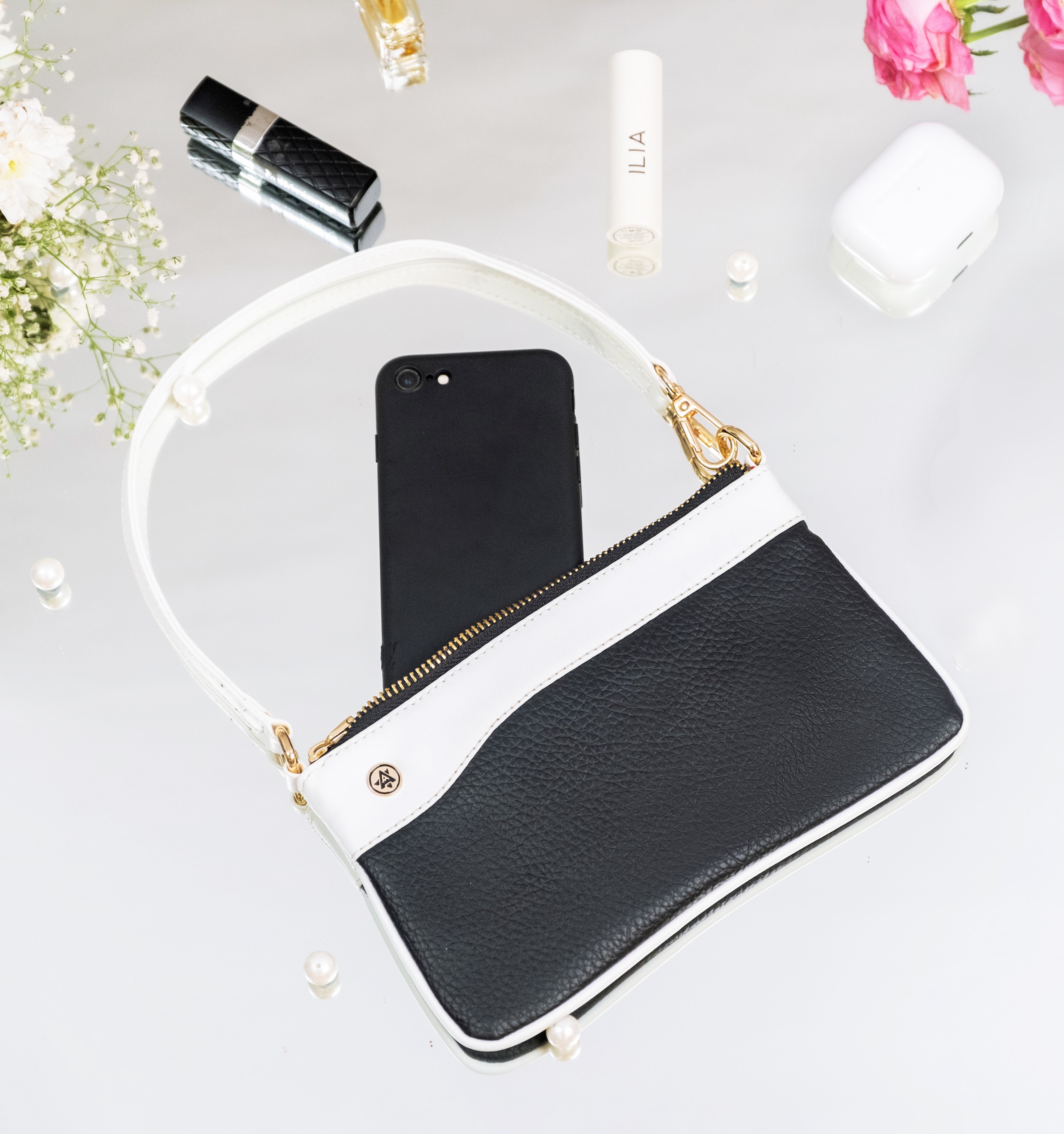 Vegan Leather Wristlet - Black And White