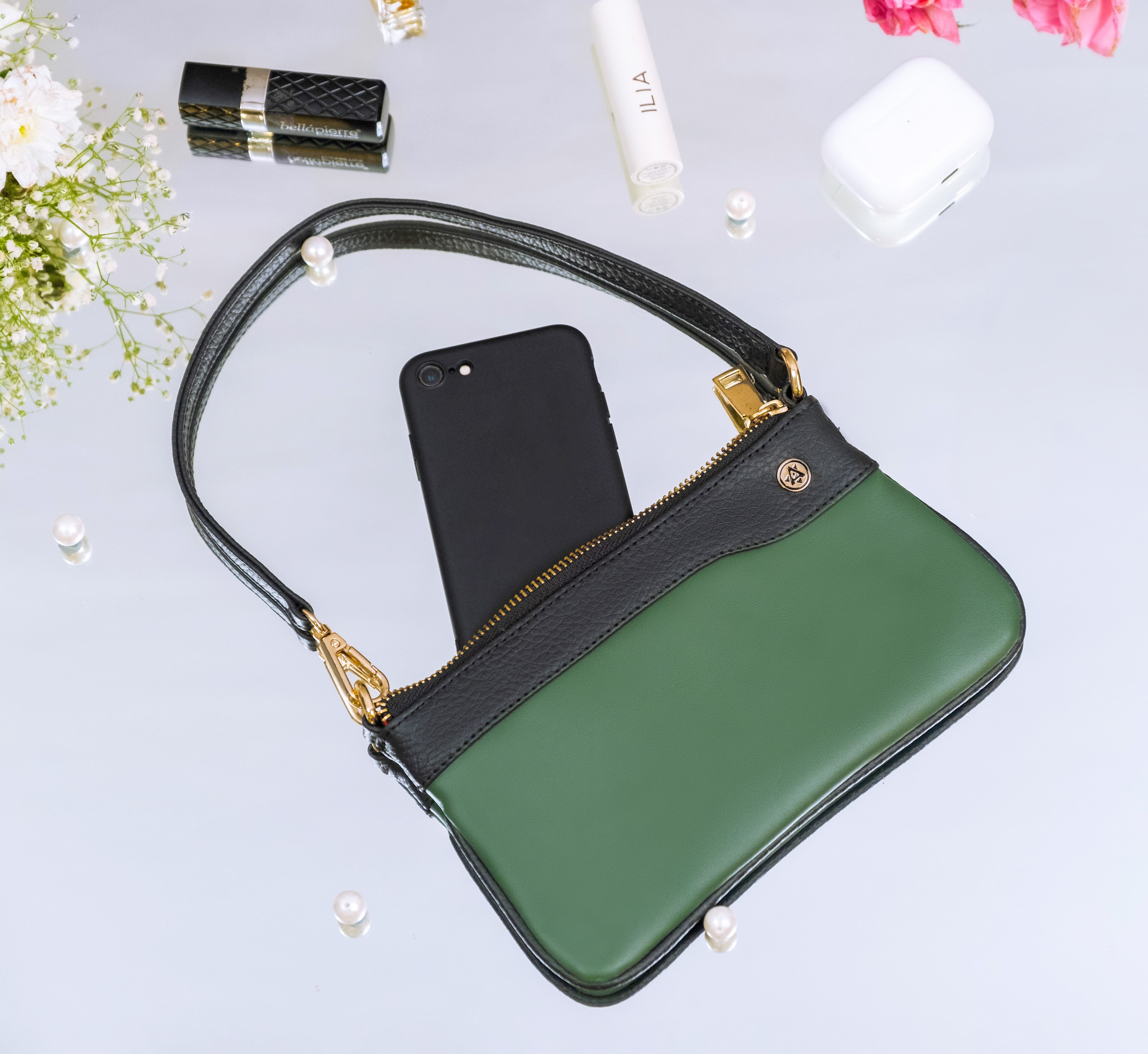 Vegan Leather Wristlet - Dark Green And Black