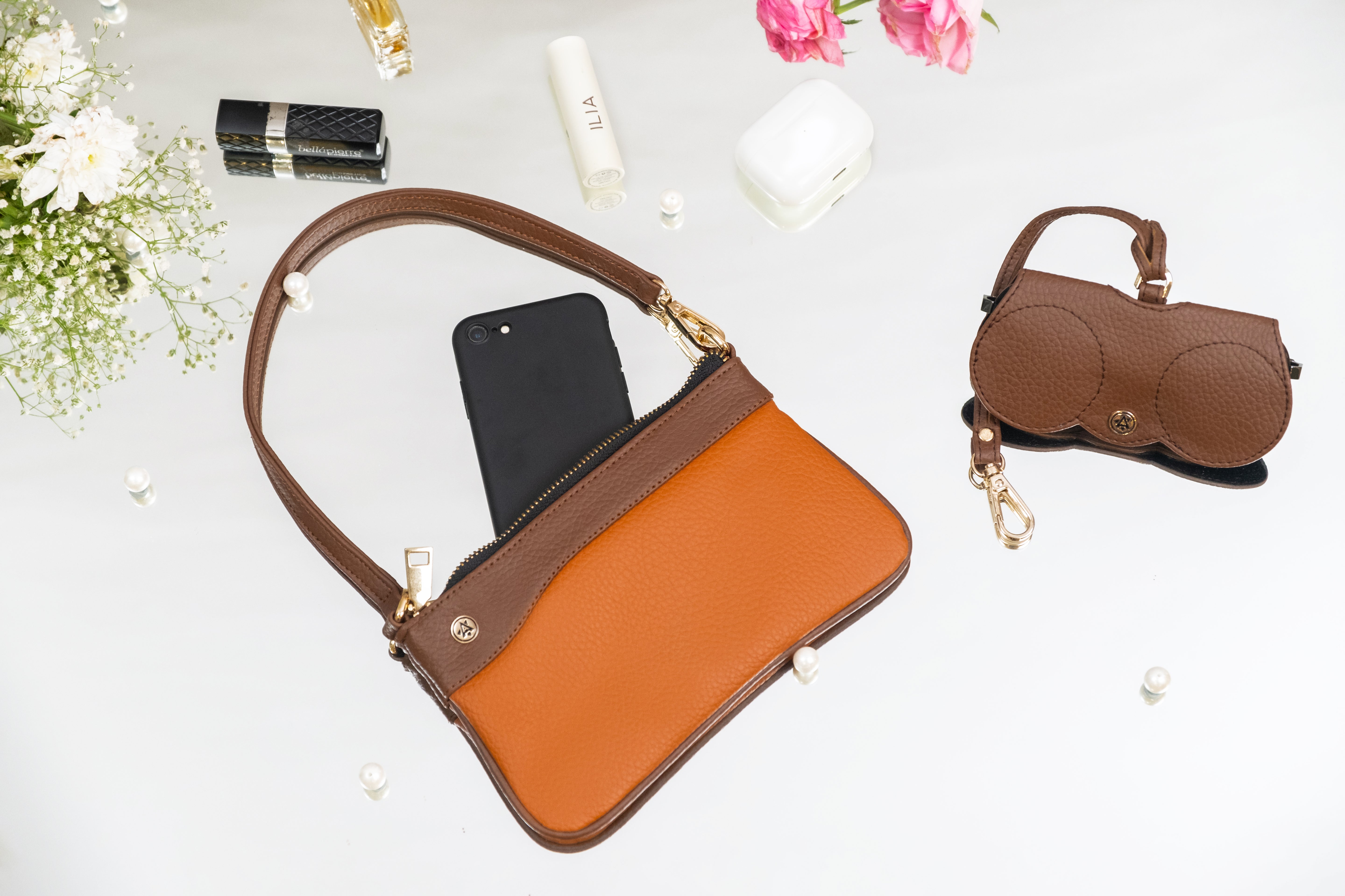 Wristlet Wallet & Eyeglass Case Tan,Brown (Combo)