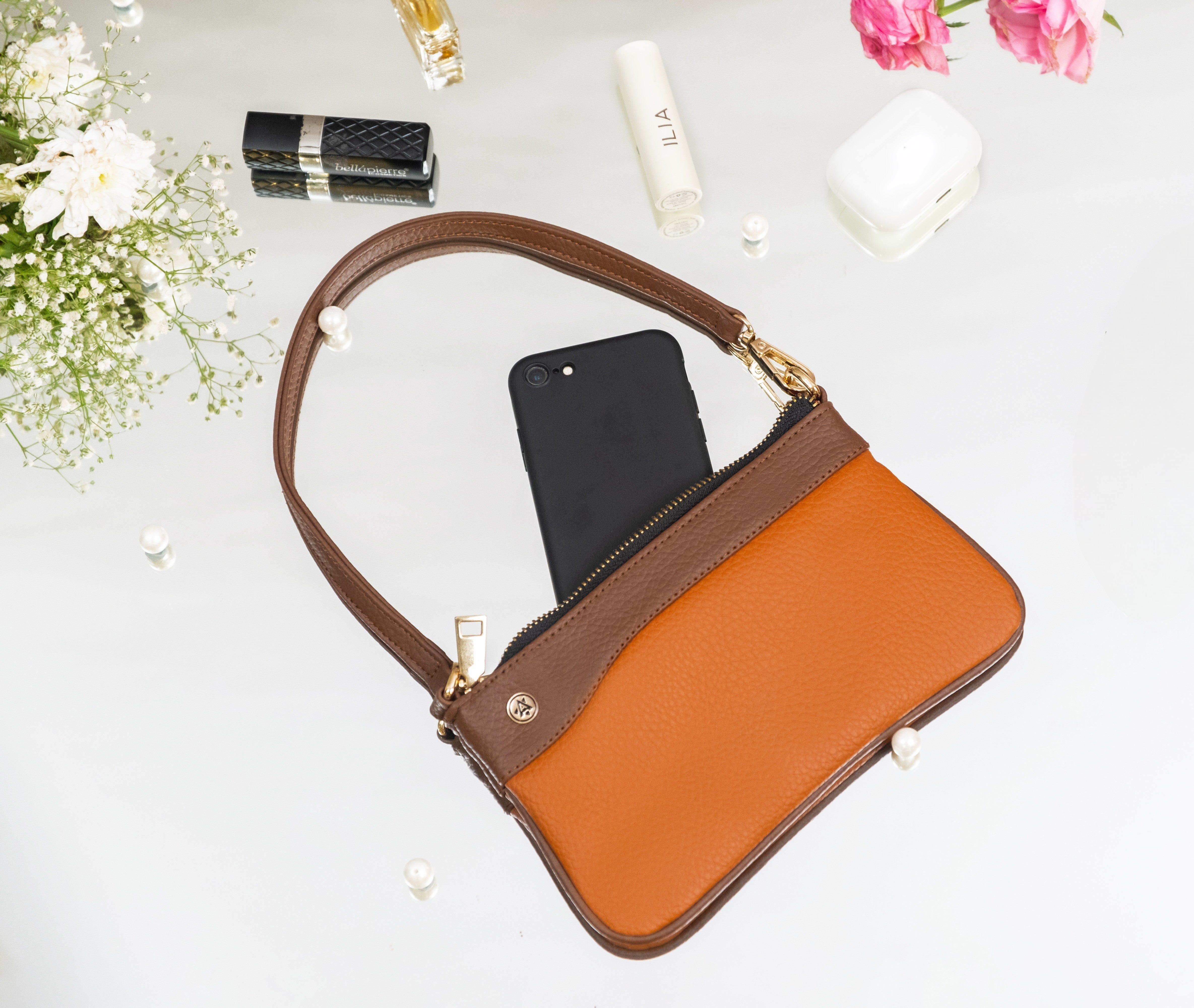 Vegan Leather Wristlet - Tan And Brown