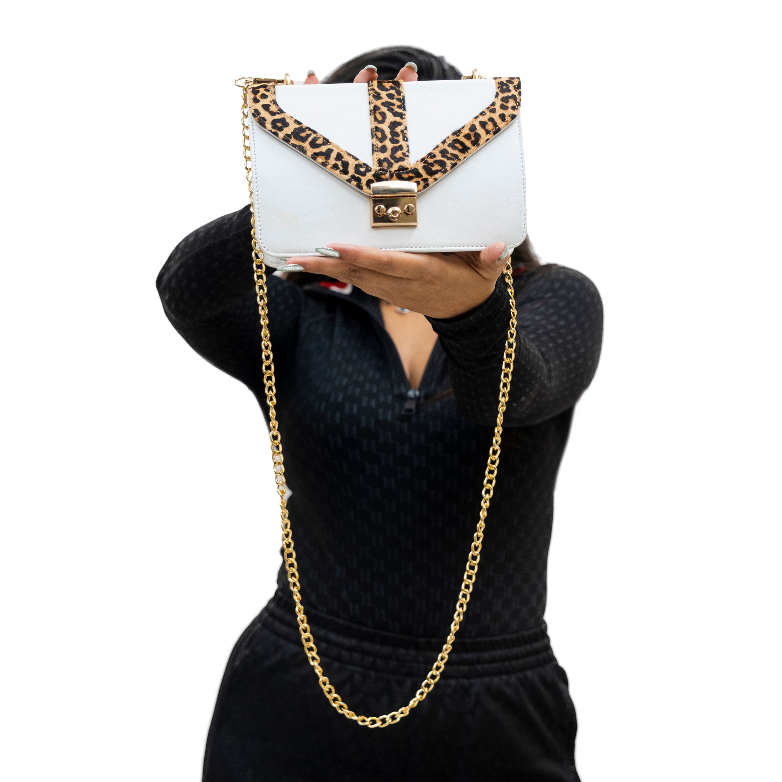 Genuine Leather Sling Bag - White , Leopard