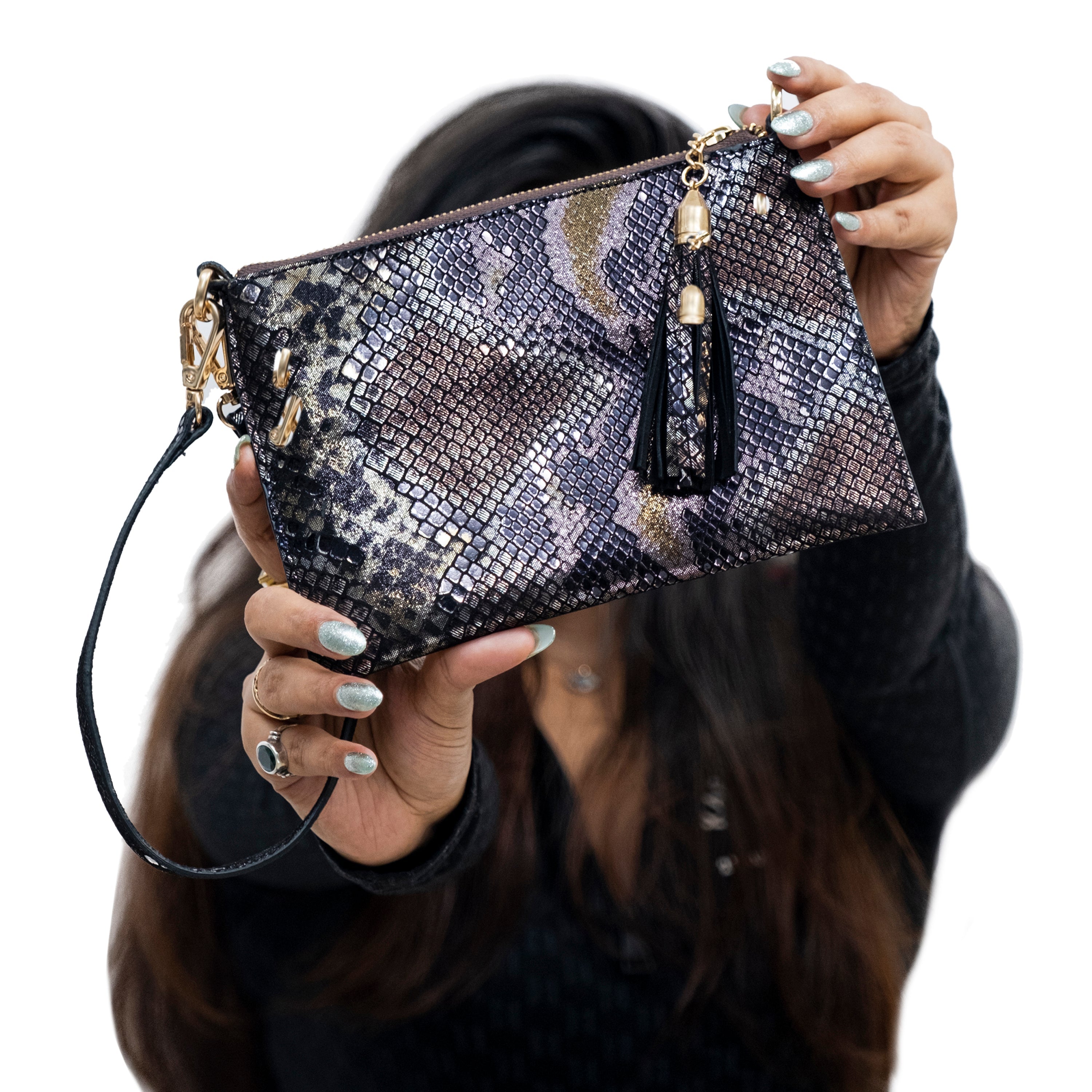 Genuine Leather Wristlet (Small) - Black Snake