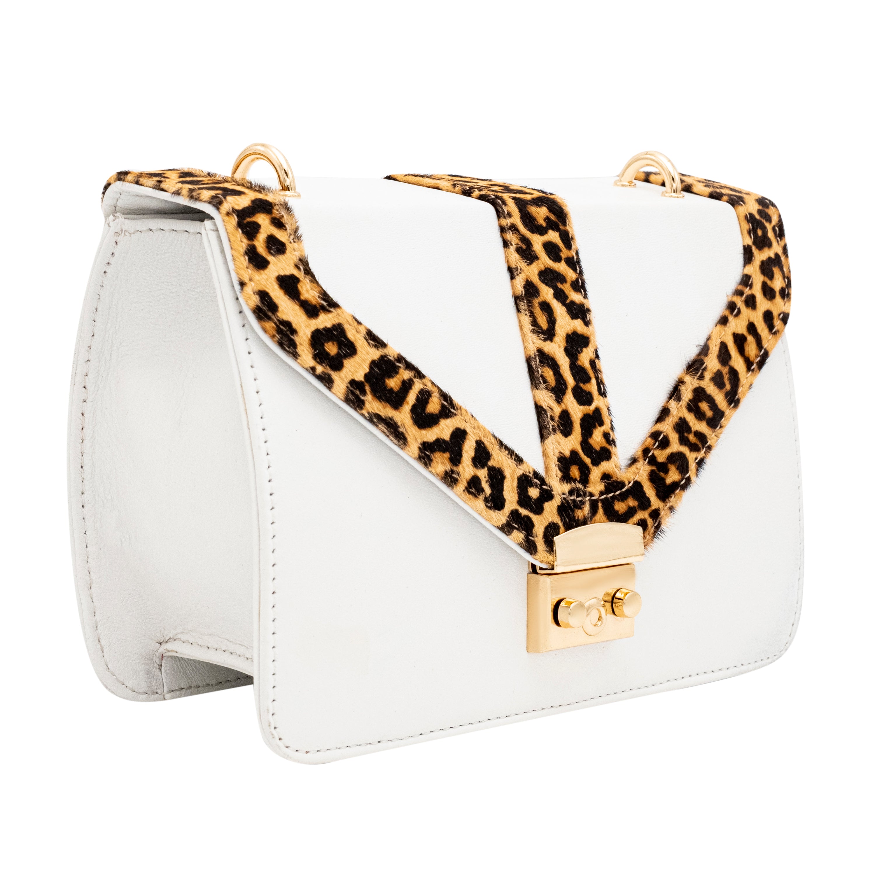 Genuine Leather Sling Bag - White , Leopard