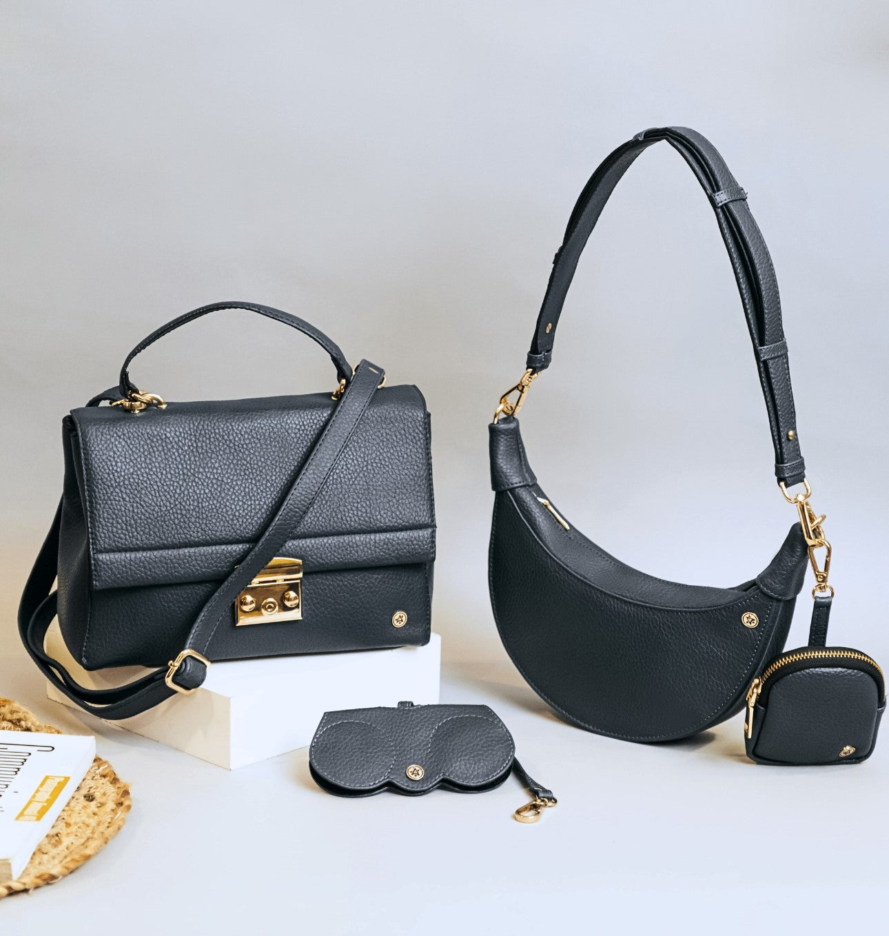 Hand Bag + Sling & Crescent Moon Bag-Eyeglass Case Black(Combo)